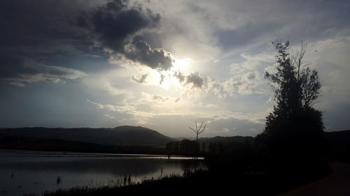 Silhouette trees by lake against sky during sunset