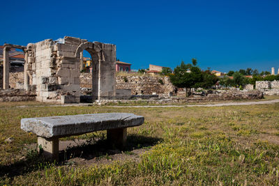 Stone bench at the ruins of the tetraconch church in the court of the hadrian library in athens