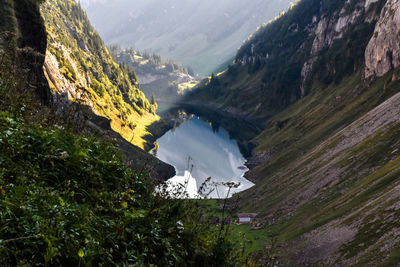 High angle view of landscape and mountains