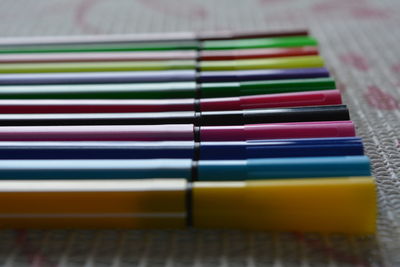 High angle view of multi colored pencils on table