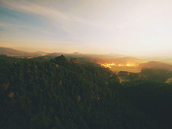 High angle view of landscape against sky during sunset