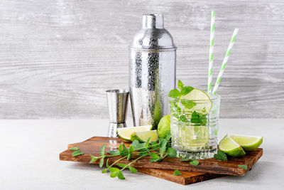 Glass of drink on table