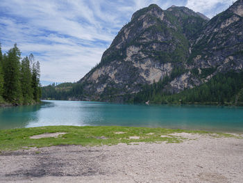 Scenic braies lake in italian alps mountains, italy.