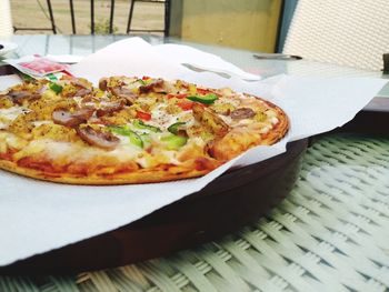 High angle view of pizza on table