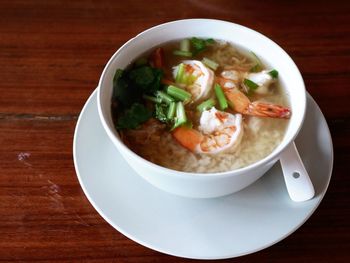 High angle view of soup in bowl on table