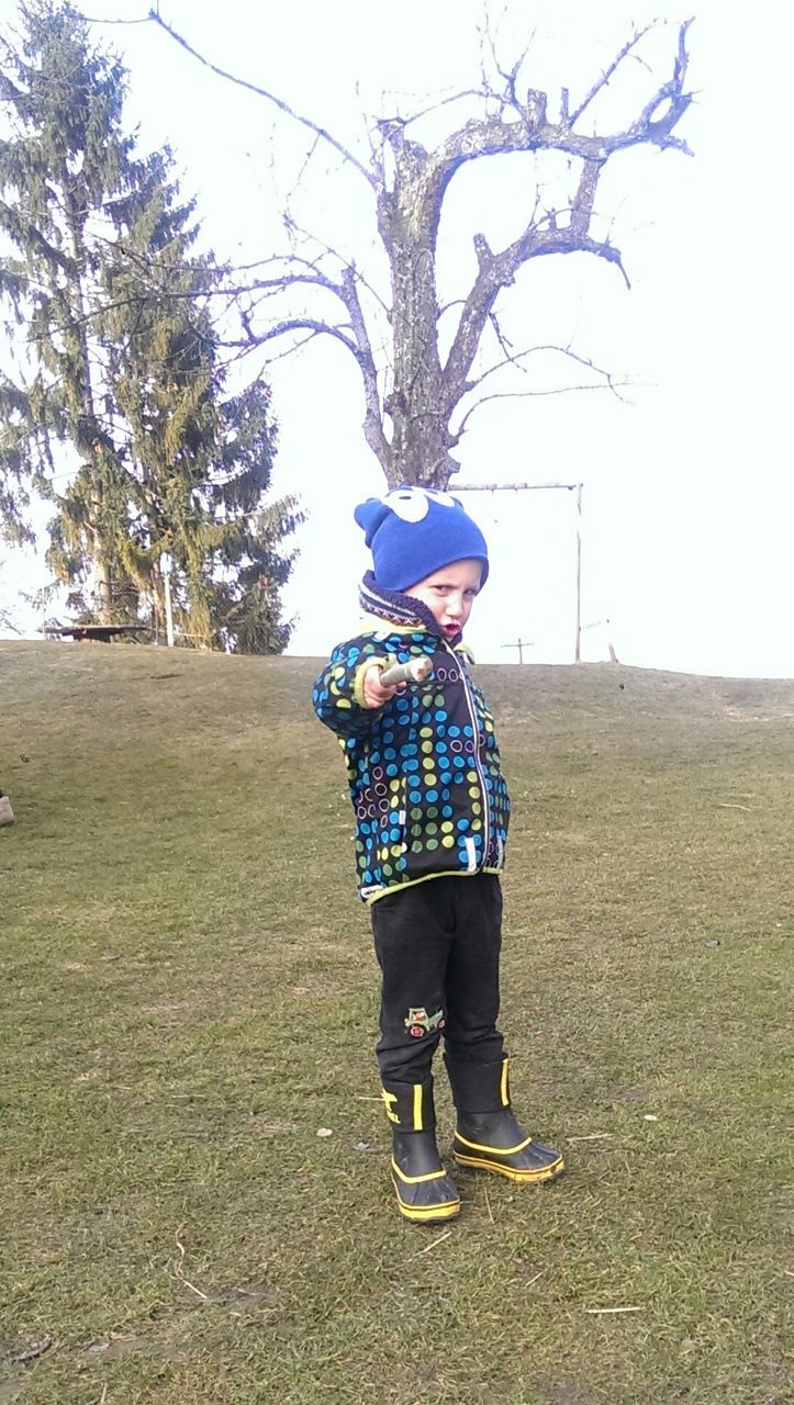 full length, tree, lifestyles, grass, rear view, leisure activity, casual clothing, childhood, field, clear sky, bare tree, day, landscape, men, sky, nature, standing, boys