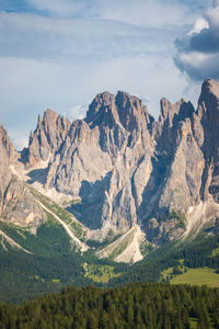 Scenic view of cirque of sassolungo langkofelkar in summer against sky 