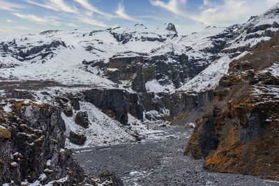 Scenic view of snow covered mountains in volcanic valley against sky