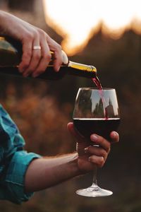 Cropped hand pouring red wine in glass outdoors
