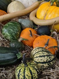 High angle view of pumpkins for sale at market