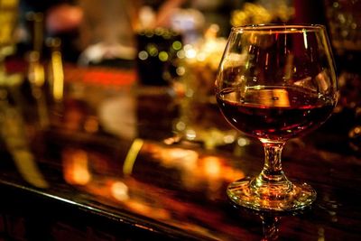 Close-up of beer in glass on table