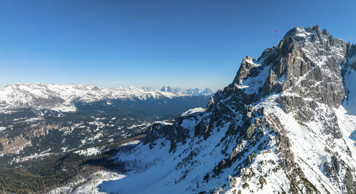 Scenic majestic snow covered mountains against clear blue sky on sunny day