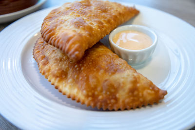 High angle view of breakfast in plate on table