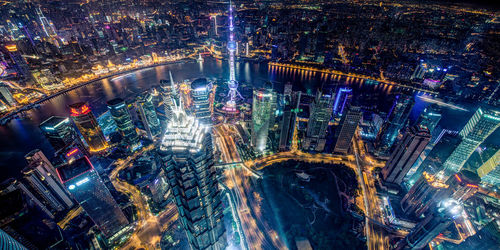 Aerial view of illuminated cityscape