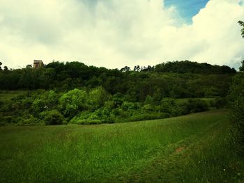 Scenic view of grassy field against cloudy sky