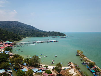 High angle view of bay against sky