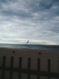 Seagull flying over sea against sky