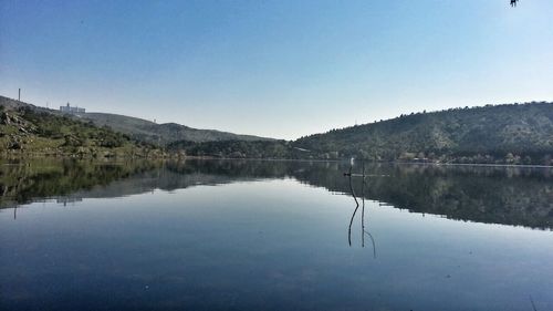 Scenic view of lake against clear blue sky