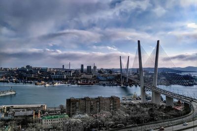 Bridge over river with buildings in background