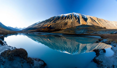 Scenic view of lake and snowcapped mountains against sky