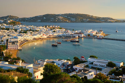 Mykonos island port with boats, cyclades islands, greece