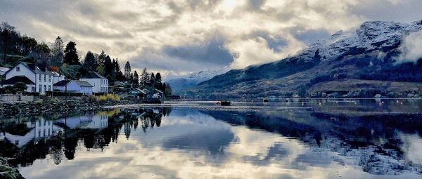 Panoramic shot of reflection of clouds in water