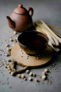 Close-up of tea cup on table