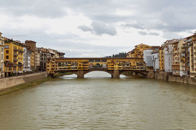 Arch bridge over river against cloudy sky