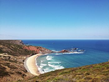 Scenic view of sea against blue sky