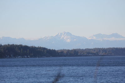 Scenic view of lake and mountains against clear sky