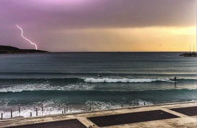 Scenic view of sea against dramatic sky