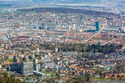 High angle view of city buildings