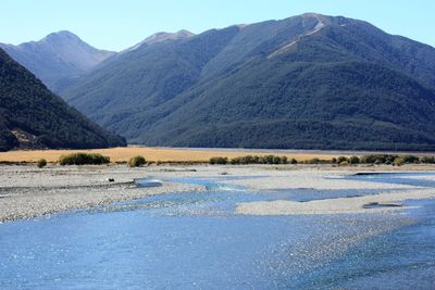 Scenic view of landscape and mountains against sky