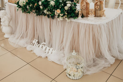 High angle view of white flower on table