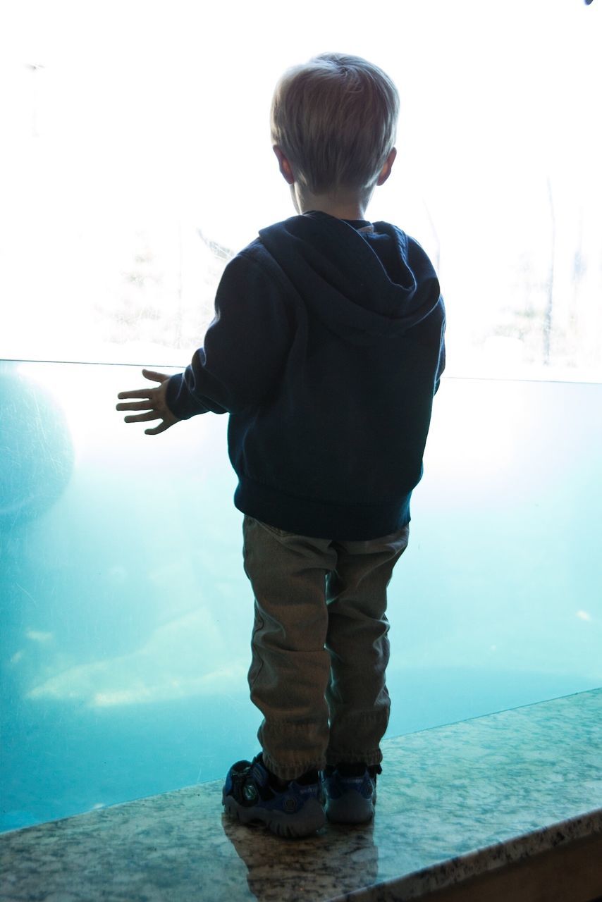 sea, rear view, water, horizon over water, lifestyles, standing, full length, leisure activity, sky, casual clothing, three quarter length, tranquility, men, nature, sitting, clear sky, looking at view, relaxation