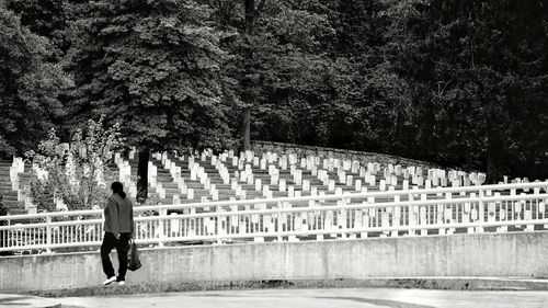 Rear view of woman walking on footpath by cemetery