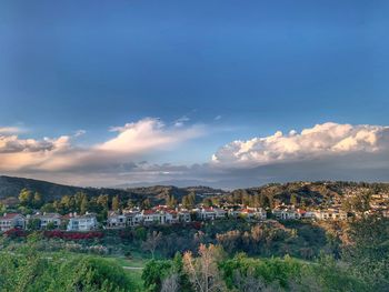 High angle shot of townscape against sky