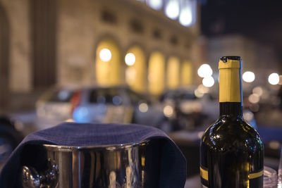 Close-up of wine bottle with wine cooler