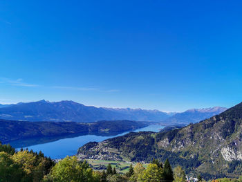 Scenic view of mountains against clear blue sky