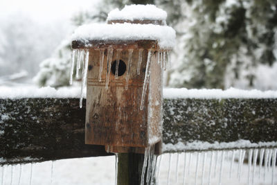 Close-up of wooden post covered with snow