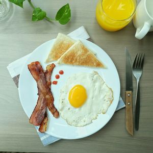 High angle view of breakfast served in plate on table