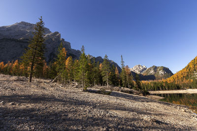 Scenic view of mountains against clear blue sky