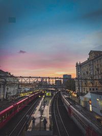 High angle view of railroad tracks at sunset