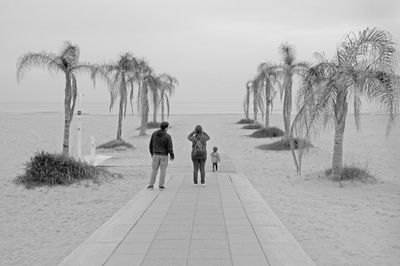 Rear view of people walking on beach