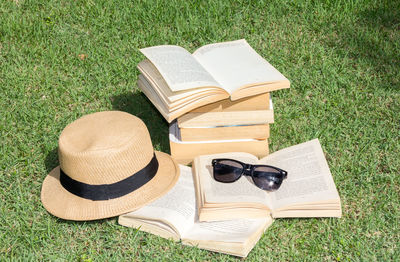 High angle view of sunglasses on field