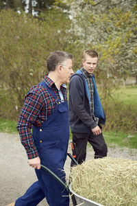 Father talking with son while carrying hay in wheelbarrow