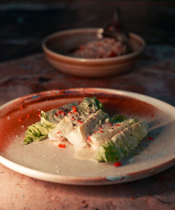 Close-up of food in plate on table