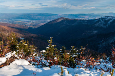 Scenic view of snow covered mountains against sky