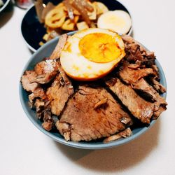 High angle view of breakfast on table