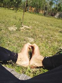 Low section of man relaxing on field